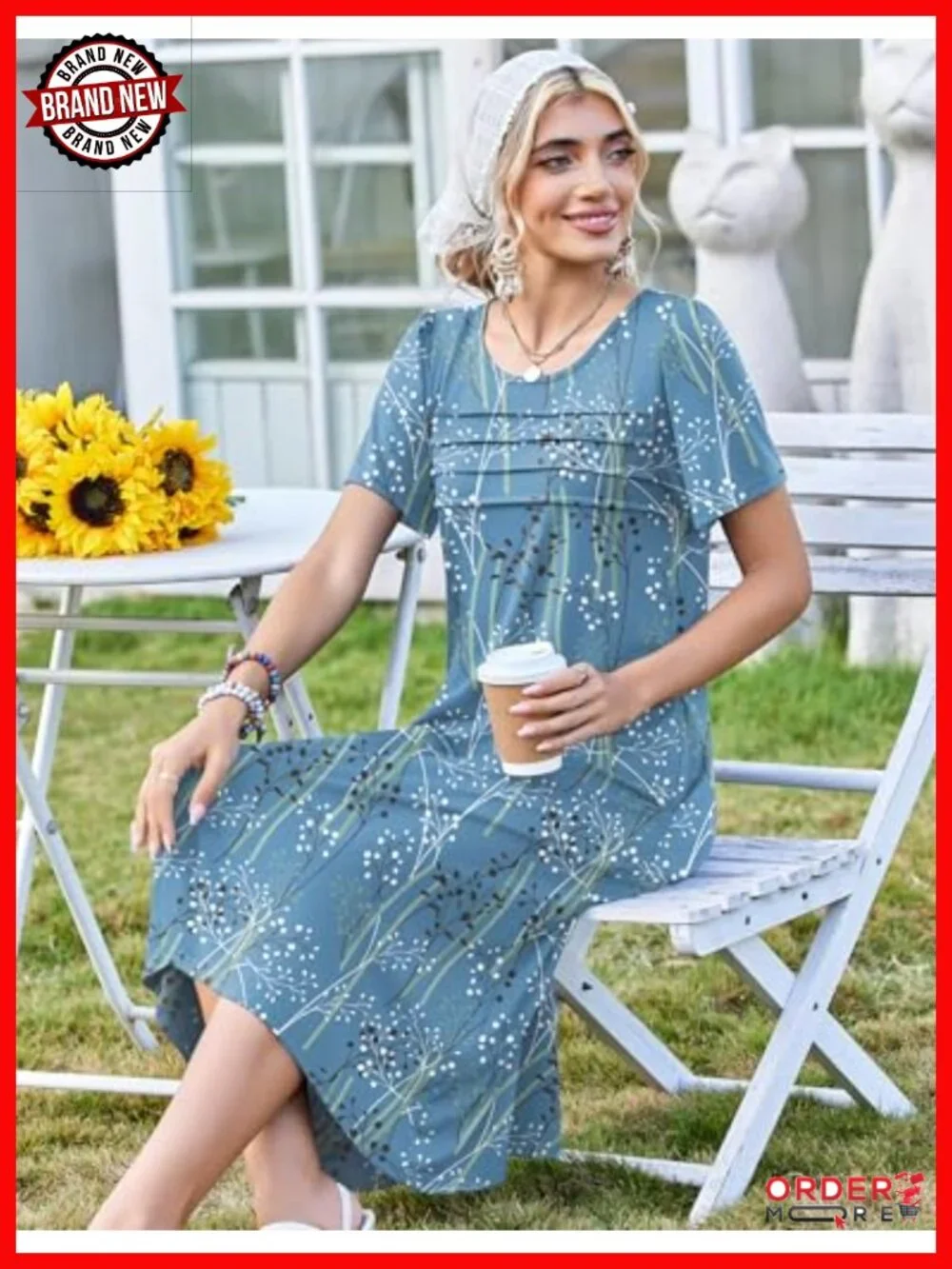 Short Sleeve Flare Midi Dress with Pockets Pleated Front Summer - Picture 4 of 6